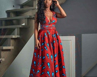 Robe Longue Rouge Bleu clair Imprimé africain Pagne Wax Robe Sans manches